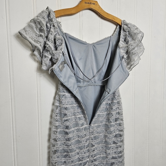 ASOS Lace Dress Off Shoulder Pencil Midi Form Fitting Ruffle Thin Straps Size 4 - Picture 8 of 10